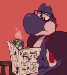Rule 34 | 2boys, chair, cup, datoonie, english text, facial hair, glasses, hat, highres, holding, holding cup, holding newspaper, indoors, luigi, male focus, mario (series), multiple boys, mustache, newspaper, nintendo, reading, sitting, steam, yoshi