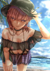 Rule 34 | 1girl, adapted costume, adjusting clothes, adjusting headwear, bare shoulders, bikini, black bikini, black hat, blush, breasts, chain, choker, cleavage, collarbone, commentary request, earrings, frilled skirt, frills, hand on headwear, hanging breasts, hat, hecatia lapislazuli, highres, jewelry, large breasts, leaning forward, legacy of lunatic kingdom, looking at viewer, multicolored clothes, multicolored skirt, ocean, off shoulder, palm tree, plaid, plaid skirt, red eyes, red hair, see-through, short hair, shounen (hogehoge), skirt, smile, solo, standing, swimsuit, touhou, tree
