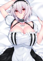 Rule 34 | 1girl, anchor choker, arm up, azur lane, bed sheet, blush, breasts, choker, cleavage, closed mouth, collarbone, frilled choker, frills, from above, hair between eyes, hairband, highres, huge breasts, lace-trimmed hairband, lace trim, looking at viewer, lying, monotosu, on back, puffy sleeves, red eyes, sheet grab, short hair, short sleeves, sidelocks, sirius (azur lane), solo, white hair