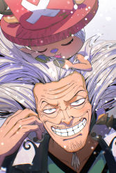 Rule 34 | 2boys, absurdres, antlers, antlers through headwear, closed eyes, commentary, dr. hiluluk, grey hair, hat, highres, horns, multiple boys, mygiorni, on head, one piece, parted lips, sleeping, smile, snow, snowing, teeth, tony tony chopper, twitter username