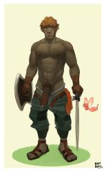 Rule 34 | 1boy, abs, blush, colored skin, full body, green skin, highres, kupo klein, male focus, muscular, nipples, pectorals, penis, pointy ears, shield, sword, undressing, weapon