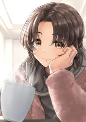 Rule 34 | 1girl, absurdres, brown eyes, brown hair, casual, closed mouth, coat, coffee mug, commentary, cup, girls und panzer, grey shirt, head rest, highres, indoors, long sleeves, looking at viewer, mug, oshiri seijin, parted bangs, purple coat, sawa azusa, shirt, short hair, sidelighting, smile, solo, steam
