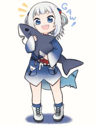 Rule 34 | 1girl, blue eyes, blue hair, boots, fins, fish tail, full body, gawr gura, grey hair, hair ornament, highres, hololive, hololive english, medium hair, multicolored hair, shark girl, shark hair ornament, shark tail, sharp teeth, solo, streaked hair, stuffed animal, stuffed shark, stuffed toy, tail, teeth, tonton (tonz159), two side up, virtual youtuber, white footwear