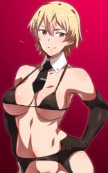 Rule 34 | 1girl, bikini, black bikini, black gloves, blonde hair, blush, breasts, brown eyes, chris keera, detached collar, earrings, elbow gloves, em (totsuzen no hakike), female pubic hair, garter belt, gloves, gradient background, grin, hair ornament, hands up, jewelry, looking at viewer, necktie, noble witches, pubic hair, short hair, smile, solo, swimsuit, world witches series