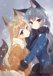 Rule 34 | 10s, 2girls, :o, animal ears, black bow, black bowtie, black gloves, black skirt, blonde hair, blue jacket, blush, bow, bowtie, breasts, ezo red fox (kemono friends), fox ears, fox tail, fur-trimmed sleeves, fur trim, gloves, grabbing another&#039;s chin, grey hair, hand on another&#039;s chin, highres, irone (miyamiya38), jacket, kemono friends, long hair, long sleeves, looking at viewer, medium breasts, miniskirt, multiple girls, open mouth, orange jacket, pantyhose, pleated skirt, pocket, silver fox (kemono friends), skirt, smile, snow, snowflakes, tail, white bow, white bowtie, white skirt, yellow eyes, yuri