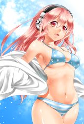 Rule 34 | 1girl, bikini, blue sky, breasts, cameltoe, cleavage, cloud, day, female focus, gradient background, headphones, highres, large breasts, long hair, looking at viewer, navel, nitroplus, nora wanko, open mouth, pink hair, red eyes, shiny skin, skindentation, sky, smile, solo, star (symbol), star print, striped bikini, striped clothes, super sonico, swimsuit, underboob