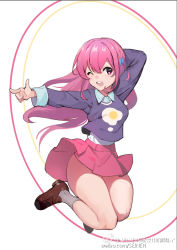 Rule 34 | 1girl, ;d, arm behind head, blue bow, bow, brown footwear, buttons, collared shirt, eyelashes, finger gun, floating hair, full body, girlish number, hair between eyes, hair bow, hair ornament, jumping, karasuma chitose (girlish number), loafers, long hair, long sleeves, one eye closed, open mouth, outstretched arm, pink eyes, pink hair, pink skirt, pointing, pointing to the side, ribbon, seinen, shirt, shoes, skirt, sleeve cuffs, smile, socks, solo, teeth, thighs, upper teeth only, watermark, web address, weibo watermark, white background, white socks, wing collar