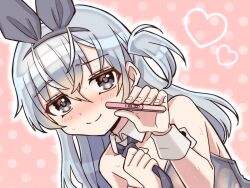 Rule 34 | 1girl, alternate costume, animal ears, blue eyes, closed mouth, collarbone, commentary request, commission, fake animal ears, grey hair, highres, holding, kantai collection, leotard, looking at viewer, necktie, playboy bunny, pregnancy test, smile, solo, suzutsuki (kancolle), sweat, woekisryo123
