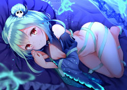 Rule 34 | 1girl, ass, bare shoulders, barefoot, bed, bed sheet, blush, butt crack, canopy bed, closed mouth, commentary, detached sleeves, double bun, flat chest, full body, green hair, green ribbon, hair bun, hair ornament, highres, hololive, long sleeves, looking at viewer, lying, naked ribbon, navel, on bed, on pillow, on side, pillow, red eyes, ribbon, short hair, skull collar, skull hair ornament, smile, solo, thighs, uruha rushia, uruha rushia (1st costume), virtual youtuber, wide sleeves, yukishiro arte