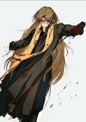 Rule 34 | 1girl, black gloves, blood, blood on clothes, blood on face, blood on hands, brown hair, gloves, limbus company, long hair, long skirt, open hand, parted bangs, project moon, robe, rodion (project moon), schtiglez, skirt, smile, solo, very long hair