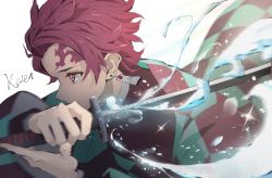 Rule 34 | 1boy, black jacket, brown eyes, brown hair, commentary request, earrings, forehead, holding, holding sword, holding weapon, hoshizaki reita, hydrokinesis, jacket, jewelry, kamado tanjirou, kimetsu no yaiba, long sleeves, looking away, male focus, open clothes, resolution mismatch, scar, scar on face, scar on forehead, signature, solo, source smaller, sword, upper body, water, weapon, wide sleeves