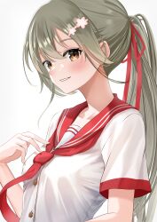 Rule 34 | 1girl, absurdres, blush, breasts, brown eyes, collarbone, flower, grey hair, hair between eyes, hair flower, hair ornament, hair ribbon, hairclip, highres, long hair, looking at viewer, minowa gin, mn (tk-xyz), neckerchief, necktie, parted lips, ponytail, red neckerchief, red necktie, red ribbon, red sailor collar, ribbon, sailor collar, school uniform, serafuku, shirt, short sleeves, simple background, small breasts, smile, solo, upper body, washio sumi wa yuusha de aru, white background, white shirt, yuusha de aru