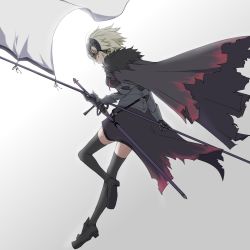 Rule 34 | 1girl, armor, armored dress, black thighhighs, blonde hair, cape, fate/grand order, fate (series), faulds, flag, from side, full body, fur trim, gauntlets, headpiece, highres, jeanne d&#039;arc (fate), jeanne d&#039;arc alter (avenger) (fate), jeanne d&#039;arc alter (avenger) (first ascension) (fate), jeanne d&#039;arc alter (fate), looking at viewer, looking to the side, profile, scabbard, sheath, sheathed, short hair, solo, sword, tatsu (tanishi 24), thighhighs, torn cape, torn clothes, weapon, yellow eyes