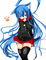 Rule 34 | 1girl, ahoge, animal ears, bad id, bad pixiv id, badge, blue hair, button badge, cat ears, coup (shun soku), green eyes, hand in pocket, jacket, long hair, looking at viewer, original, paw print, scarf, shun soku, simple background, skirt, smiley face, solo, thighhighs, very long hair, white background, zettai ryouiki