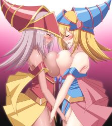 Rule 34 | 2girls, aftersex, blonde hair, blush, blush stickers, breast fight, breast press, breasts, breasts out, breath, closed eyes, clothed sex, dark-skinned female, dark magician girl, dark skin, dual persona, duel monster, fingering, fingering each other, grey hair, hexagram, highres, huge breasts, long hair, multiple girls, nipples, open mouth, paradox 1818, selfcest, sex fight, standing, star of david, sweat, symmetrical docking, tagme, trembling, vaginal, yu-gi-oh!, yuri