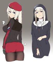Rule 34 | 2girls, absurdres, ak74m (girls&#039; frontline), beret, black legwear, blonde hair, blue eyes, breasts, camouflage gloves, cross, cross necklace, girls&#039; frontline, hair ornament, hat, highres, jewelry, large breasts, looking at viewer, looking back, multiple girls, necklace, nun, pantyhose, red headwear, red star, russian flag, skirt, snowflake hair ornament, star (symbol), tactical clothes, traditional nun, wilsn koon