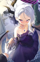 Rule 34 | 1girl, 1other, absurdres, black horns, blue archive, blush, bongnom, breasts, closed mouth, collarbone, demon horns, dress, elbow gloves, gloves, grand piano, grey hair, halo, highres, hina (blue archive), hina (dress) (blue archive), horns, indoors, instrument, jewelry, long hair, multiple horns, necklace, official alternate costume, official alternate hairstyle, pendant, piano, purple dress, purple eyes, purple gloves, small breasts, solo focus, strapless, strapless dress, white gloves