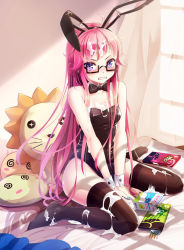 Rule 34 | 1girl, angry, animal ears, bare shoulders, bed, between thighs, bow, bowtie, breasts, brown socks, character request, clenched teeth, collar, curtains, fake animal ears, food, glasses, highres, kaku-san-sei million arthur, leotard, long hair, looking at viewer, milk, million arthur (series), nail polish, official art, pink hair, playboy bunny, pocky, purple eyes, rabbit ears, sitting, small breasts, socks, solo, suggestive fluid, teeth, thighhighs, wait, wariza, window, wrist cuffs