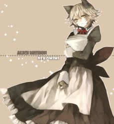 Rule 34 | 1girl, alice mission, animal ears, blonde hair, cat ears, hina (pico), holding, looking at viewer, maid, pocket watch, serious, short hair, simple background, solo, standing, watch, yellow eyes