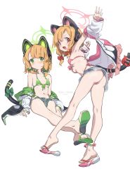 Rule 34 | 2girls, animal ear headphones, animal ears, arm up, armpits, ass, barefoot sandals (jewelry), bikini, blonde hair, blue archive, bow, breasts, cat ear headphones, fake animal ears, from behind, full body, green bikini, green bow, green eyes, grey shorts, hair bow, halo, headphones, highres, jacket, looking at viewer, micro bikini, midori (blue archive), momoi (blue archive), multiple girls, navel, nemo (leafnight), open mouth, pink bikini, red bow, red eyes, sandals, short hair, short shorts, shorts, siblings, simple background, sisters, sitting, small breasts, smile, standing, swimsuit, tail, toes, twins, white background, white jacket