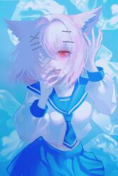 Rule 34 | 1girl, absurdres, animal ear fluff, animal ears, bandage over one eye, bandages, bandaid, bandaid on face, blue background, blue neckerchief, blue sailor collar, blue skirt, cat ears, cat girl, hair between eyes, hair ornament, highres, looking at viewer, medium hair, neckerchief, open mouth, original, pleated skirt, red eyes, sailor collar, school uniform, serafuku, simple background, skirt, smile, solo, user yajm5452, white hair