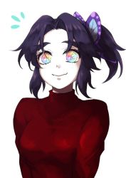 Rule 34 | 1girl, breasts, butterfly-shaped pupils, butterfly hair ornament, female focus, hair ornament, hamiko (hakogardenmiko), highres, if they mated, kimetsu no yaiba, kochou shinobu, long sleeves, looking at viewer, multicolored eyes, pale skin, parted bangs, purple hair, rainbow eyes, red sweater, side ponytail, sidelocks, simple background, smile, solo, sweater, symbol-shaped pupils, turtleneck, turtleneck sweater, upper body, white background