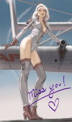 Rule 34 | 1girl, aircraft, airplane, ankle boots, blonde hair, blue eyes, boots, breasts, brown footwear, brown gloves, cleavage, collarbone, day, from below, gloves, grey thighhighs, heart, highleg, highleg leotard, ivan rubashkin, leotard, lips, long sleeves, looking at viewer, looking down, machinery, medium breasts, outdoors, sky, solo, standing, thighhighs, white hair