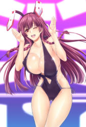 Rule 34 | 10s, 1girl, animal ears, bad id, bad pixiv id, blush, braid, breasts, casual one-piece swimsuit, cleavage, huge breasts, infinite stratos, long hair, one-piece swimsuit, one eye closed, open mouth, purple eyes, purple hair, rabbit ears, rabbit pose, shinonono tabane, smile, solo, swimsuit, zucchini