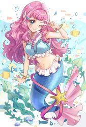 Rule 34 | 1girl, absurdres, air bubble, aqua eyes, blouse, blush, bracelet, breasts, bubble, closed mouth, fins, fish, full body, head fins, highres, huwarinn99, jewelry, laura la mer, lips, long hair, medium breasts, mermaid, monster girl, multicolored shirt, navel, necklace, one eye closed, pink hair, precure, scales, seaweed, shirt, sleeveless, smile, starfish, submerged, tropical-rouge! precure, underwater, v, water