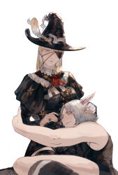 Rule 34 | 1693193543, 1boy, 1girl, absurdres, animal ears, bare shoulders, black capelet, black headwear, blonde hair, blue eyes, capelet, closed eyes, closed mouth, eyepatch, facial mark, fantasy, feathers, final fantasy, final fantasy xiv, fingernails, frills, grey hair, hand on another&#039;s head, hat, hat feather, highres, hug, hyur, jewelry, long hair, miqo&#039;te, pink lips, pinky ring, ring, simple background, smile, warrior of light (ff14), white background