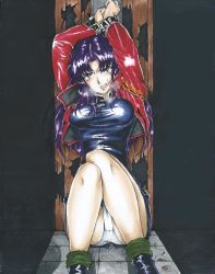 Rule 34 | 1girl, angry, arms up, bare legs, bdsm, bondage, boots, bound, bound wrists, breasts, brown eyes, clenched teeth, cuffs, female focus, handcuffs, highres, imminent rape, jacket, katsuragi misato, knees, knees together feet apart, leather clothes, long hair, long legs, lostunicorn, marker (medium), neon genesis evangelion, panties, pantyshot, purple hair, scared, shadow, sitting, skirt, solo, tears, teeth, tight clothes, traditional media, underwear, upskirt, white panties, you gonna get raped