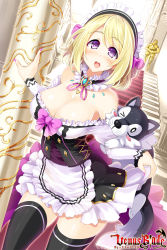 Rule 34 | 1girl, black thighhighs, blonde hair, breasts, character request, cleavage, collarbone, copyright name, dog, eyebrows, heart, highres, hisen kaede, indoors, kikyou-0423, large breasts, looking at viewer, nail polish, open mouth, purple eyes, purple nails, purple ribbon, ribbon, short hair, skirt hold, solo, stairs, strapless, thighhighs, venus blade