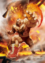 Rule 34 | 1boy, abs, artist request, beard, brown hair, bulge, chest hair, cross-laced footwear, facial hair, fighting stance, fire, foreshortening, from below, frown, full body, highres, large pectorals, leg hair, looking at viewer, male focus, mature male, mohawk, muscular, muscular male, non porn, official art, pectorals, perspective, short hair, solo, street fighter, thick thighs, thighs, topless male, wrestling outfit, zangief