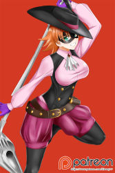 Rule 34 | 1girl, black hat, black pantyhose, breasts, bustier, collared shirt, cosplay, dress shirt, gloves, green eyes, grin, hair between eyes, hat, highres, holding, holding weapon, kimmy77, large breasts, leg up, long sleeves, looking at viewer, mask, necktie, nora valkyrie, okumura haru, okumura haru (cosplay), orange hair, pantyhose, pantyhose under shorts, patreon logo, persona, persona 5, pink shirt, purple gloves, purple shorts, rwby, shiny clothes, shirt, short hair, shorts, smile, solo, standing, standing on one leg, watermark, weapon, white necktie, wing collar