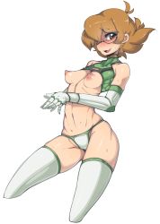 Rule 34 | 1girl, absurdres, adapted costume, bad id, bad pixiv id, breasts, breasts apart, brown eyes, brown hair, cropped legs, glasses, hair over one eye, highres, hyakujuu-ou golion, katie holt, medium breasts, navel, nipples, perky breasts, pidge gunderson, short hair, simple background, skindentation, slugbox, solo, stomach, sweat, thighhighs, thong, voltron: legendary defender, voltron (series), white background, white thighhighs