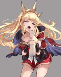 Rule 34 | 1girl, blonde hair, bracer, cagliostro (granblue fantasy), cape, collarbone, crown, finger in another&#039;s mouth, grabbing another&#039;s hand, granblue fantasy, hairband, hand on another&#039;s face, hand on another&#039;s mouth, highres, long hair, looking at viewer, lumo 1121, open mouth, purple eyes, red skirt, saliva, skirt, spikes, thighhighs, tiara, tongue, tongue out