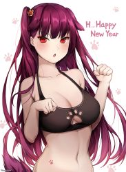 Rule 34 | 1girl, :o, animal ears, bad id, bad pixiv id, bare arms, bare shoulders, blush, breasts, cleavage, cleavage cutout, clothing cutout, collarbone, dog ears, girls&#039; frontline, hair ornament, happy new year, kemonomimi mode, large breasts, long hair, navel, new year, one side up, open mouth, paw hair ornament, paw pose, paw print, paw print background, purple hair, red eyes, solo, sports bra, stomach, straight hair, stutter, tsurime, upper body, very long hair, wa2000 (girls&#039; frontline), white background, yeooudam