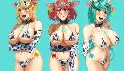 Rule 34 | 3girls, animal ears, animal print, bare shoulders, bikini, black bean, blonde hair, blush, breasts, chest jewel, cleavage, collar, collarbone, condom, condom wrapper, cow ears, cow horns, cow print, earrings, elbow gloves, fake animal ears, female focus, gloves, green background, green eyes, green hair, hairband, highres, horns, jewelry, large breasts, long hair, matching hair/eyes, multiple girls, multiple persona, mythra (xenoblade), navel, nintendo, open mouth, pneuma (xenoblade), ponytail, pyra (xenoblade), red eyes, red hair, sidelocks, skindentation, smile, spoilers, sweat, swept bangs, swimsuit, thighs, third-party edit, tiara, underboob, very long hair, white bikini, white gloves, xenoblade chronicles (series), xenoblade chronicles 2, yellow eyes