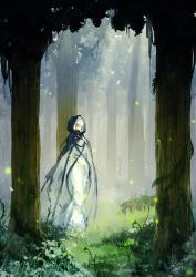 Rule 34 | 1girl, blue eyes, closed mouth, dated, dress, forest, grass, hair over one eye, hood, hood up, kyo (kuroichigo), light particles, light rays, medium hair, nature, outdoors, plant, see-through, signature, solo, standing, tree, vines, white hair