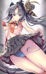 Rule 34 | 1girl, bare shoulders, black hair, black hat, blue eyes, blue panties, bow, bowtie, breasts, closed mouth, facial mark, fate/grand order, fate (series), feather hair ornament, feathers, folding fan, from below, hair ornament, hair ribbon, hand fan, hat, kiryuu mina, long hair, looking at viewer, navel, no shirt, orange bow, orange bowtie, panties, pleated skirt, ponytail, ribbon, ribs, skirt, skirt hold, small breasts, smile, solo, stomach, tiara, underboob, underwear, upskirt, ushiwakamaru (fate), very long hair, yellow ribbon