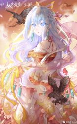 Rule 34 | 1girl, blue eyes, blue hair, breasts, bug, butterfly, dawn, douluo dalu, gradient eyes, highres, insect, lan ling ling, long hair, multicolored eyes, skirt, tang wutong (douluo dalu), weibo logo, weibo watermark
