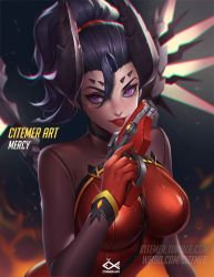 Rule 34 | 1girl, alternate hair color, black hair, bodysuit, citemer, demon girl, devil mercy, gun, handgun, horns, licking lips, looking at viewer, mercy (overwatch), official alternate costume, overwatch, overwatch 1, purple eyes, skin tight, solo, tongue, tongue out, upper body, weapon