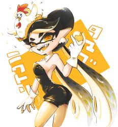 Rule 34 | + +, 1girl, animal, animal on head, artist name, bird, black jumpsuit, callie (splatoon), chicken, collar, colored tongue, commentary, cowboy shot, detached collar, earrings, fangs, food, food on head, highres, holding, holding food, inkling, jewelry, jumpsuit, long hair, looking at viewer, medium hair, mole, mole under eye, nintendo, object on head, okome 2g2g, on head, open mouth, pantyhose, pointy ears, short jumpsuit, signature, smile, splatoon (series), splatoon 1, standing, swept bangs, symbol-only commentary, tentacle hair, translated, very long hair, white collar, yellow eyes, yellow pantyhose, yellow theme, yellow tongue