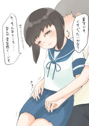 Rule 34 | 1boy, 1girl, black eyes, black hair, blue sailor collar, blue skirt, carrying, commentary request, cowboy shot, eye contact, faceless, faceless male, fubuki (kancolle), holding hands, highres, kantai collection, long hair, looking at another, low ponytail, pleated skirt, ponytail, sailor collar, school uniform, serafuku, short ponytail, sidelocks, sitting, sitting on person, skirt, toplow, translation request, trembling