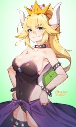 Rule 34 | 1girl, puff of air, ahoge, armlet, artist name, bare shoulders, black leotard, blonde hair, blue eyes, bowsette, bracelet, breasts, brooch, collar, collarbone, commentary, covered navel, crown, dated, fang, fang out, gradient background, green background, hair between eyes, hands on own hips, highres, horns, jewelry, large breasts, leotard, long hair, looking at viewer, mario (series), new super mario bros. u deluxe, nintendo, pointy ears, ponytail, simple background, smirk, smug, solo, spiked armlet, spiked bracelet, spiked collar, spiked thighlet, spikes, super crown, tilt-shift (azalanz), turtle shell, twitter username, waist cape