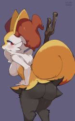 Rule 34 | 1girl, absurdres, animal ear fluff, animal ears, animal nose, artist name, ass, black fur, blush, body fur, braixen, breasts, chromatic aberration, creatures (company), fang, female focus, fox ears, fox girl, fox tail, from behind, furry, furry female, game freak, gen 6 pokemon, hand on own hip, highres, honey calamari, leaning forward, looking back, medium breasts, neck fur, nintendo, nipples, open mouth, pokemon, pokemon (creature), purple background, red eyes, sideways mouth, signature, simple background, snout, solo, standing, stick, tail, white fur, yellow fur