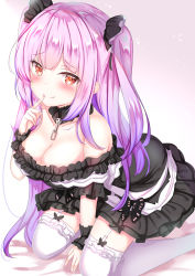 Rule 34 | 1girl, alternate breast size, bare shoulders, black choker, black dress, breasts, choker, cleavage, closed mouth, collarbone, dress, finger to mouth, frilled dress, frilled straps, frilled thighhighs, frills, garter straps, gothic lolita, highres, hololive, kneeling, lace, lace choker, large breasts, lolita fashion, long hair, looking at viewer, nail polish, on bed, pink hair, pink nails, red eyes, seductive smile, short dress, short sleeves, sidelocks, smile, solo, strapless, strapless dress, thighhighs, two side up, uruha rushia, uruha rushia (3rd costume), virtual youtuber, white garter straps, white thighhighs, wristband, yuano