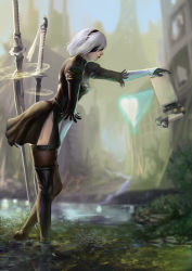 Rule 34 | 1girl, absurdres, black blindfold, black dress, black hairband, blindfold, blurry, blurry background, boots, breasts, cleavage cutout, clothing cutout, dress, feather-trimmed sleeves, floating, floating object, floating weapon, hairband, hand on own knee, headpat, heart, highres, hologram, katana, leaning forward, looking at another, machine (nier), nier (series), nier:automata, outdoors, pod (nier:automata), ruins, sherl rin, short hair, sword, thigh boots, thighhighs, thighhighs under boots, weapon, white hair, 2b (nier:automata)