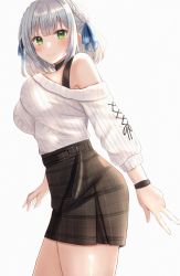 Rule 34 | 1girl, bare shoulders, black choker, black skirt, black wristband, blue ribbon, blush, braid, breasts, choker, closed mouth, commentary request, cowboy shot, cross-laced clothes, cross-laced sleeves, hair ribbon, highres, hololive, large breasts, looking at viewer, nibosi, off-shoulder sweater, off shoulder, plaid, plaid skirt, ribbed sweater, ribbon, shirogane noel, shirogane noel (casual), short hair, silver hair, simple background, skirt, sleeves past elbows, smile, solo, sweater, thighs, virtual youtuber, white background, white sweater