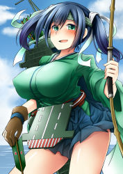 Rule 34 | 10s, 1girl, archery, arrow (projectile), blouse, blue eyes, blue hair, blue sky, bow (weapon), breasts, cloud, day, flight deck, gloves, hairband, hakama, hakama short skirt, hakama skirt, headband, impossible clothes, impossible shirt, japanese clothes, kantai collection, kyuudou, large breasts, matching hair/eyes, ocean, open mouth, partially fingerless gloves, partly fingerless gloves, quiver, radio antenna, rui shi (rayze ray), shirt, short hair, single glove, skirt, sky, solo, souryuu (kancolle), twintails, weapon, yugake